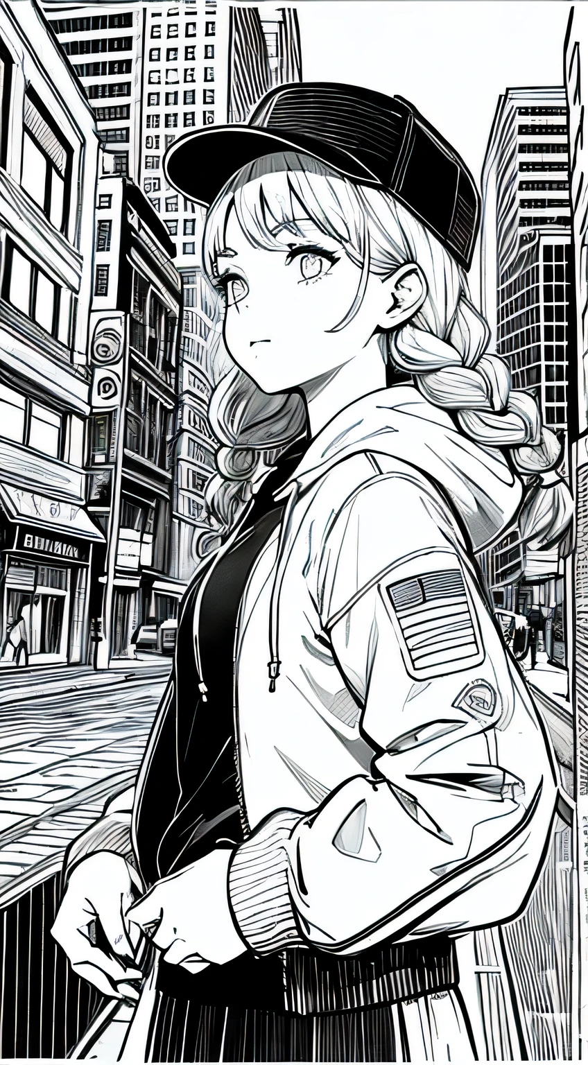 (a girl in the city, skirt and hoodie, cap, braids, coloring page, linear art, clean sketch), best quality, ultra-detailed, realistic, vibrant colors, urban landscape, street lights, dynamic pose, stylish fashion, detailed city buildings, clean outlines, intricate patterns, smooth transitions, urban atmosphere, crisp lines, intricate details, high contrast, bold colors, accurate proportions, realistic shading, fashionable style, young and energetic, modern cityscape, graffiti on the walls, lively street scene.