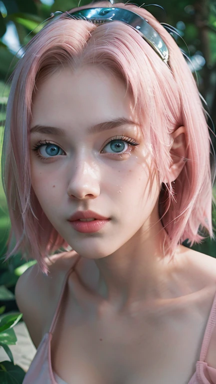 young woman, short shoulder-length pink hair, wide forehead, porcelain skin, pink eyebrows, big emerald green eyes, buttoned nose, full lips, heart-shaped face, slender body, small breasts, red tank top, Sakura Haruno , realistic, realism, details, 3d, well detailed
