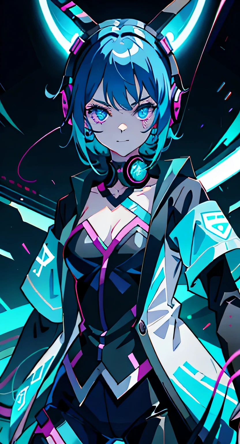 Anime girl medium hair, Wearing a suit, The eyes are glaring sharply、A scheming smile, neon blue hair, scar, Stickers, Neon style full shot, Cool pose with headphones