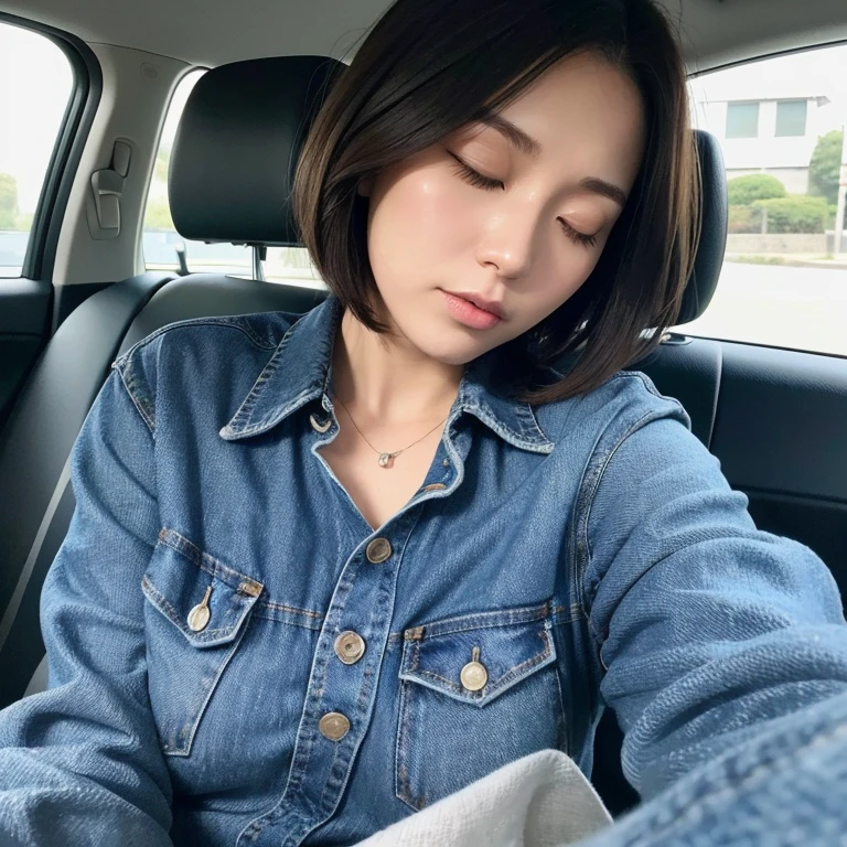 The face of a beautiful Japanese woman in her thirties with short hair sleeping in the passenger seat of a car wearing a dark blue long-sleeved cotton shirt and jeans pants. Focal length 100mmf/2.8, spring night, well-shaped face, closed eyes, quiet breathing, toned body, dark blue long-sleeved cotton shirt, jeans pants, moderate fatigue, close-up of facial expression, sense of presence, 8K image quality, Highest quality.