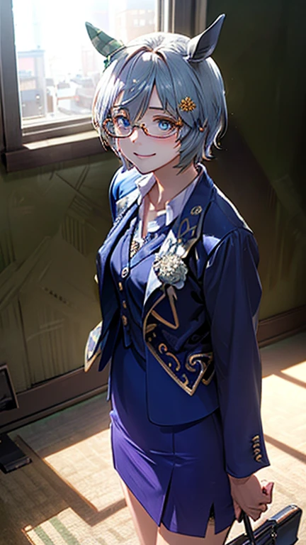 Seiun Sky (umamusume), (masterpiece:1.2, top-quality), (realistic, photorealistic:1.4), beautiful illustration, (natural side lighting, movie lighting), nsfw, looking at viewer, cowboy shot, front view:0.6, 1 girl, japanese, teacher, perfect face, cute and symmetrical face, shiny skin, blue eyes, long eye lasher, (large breasts:0.8), beautiful hair, beautiful face, beautiful detailed eyes, beautiful clavicle, beautiful body, beautiful chest, beautiful thigh, beautiful legs, beautiful fingers, ((detailed cloth texture, (saxe blue business suit jacket), lavender collared shirts, saxe blue tight skirt, high heels), wayfarer glasses), (beautiful scenery), evening, class room, school, standing, (graceful, smile, upper eyes),