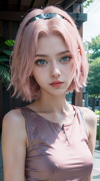 young woman, short shoulder-length pink hair, wide forehead, porcelain skin, pink eyebrows, big emerald green eyes, buttoned nose, full lips, heart-shaped face, slender body, small breasts, red tank top, Sakura Haruno , realistic, realism, details, 3d, well detailed