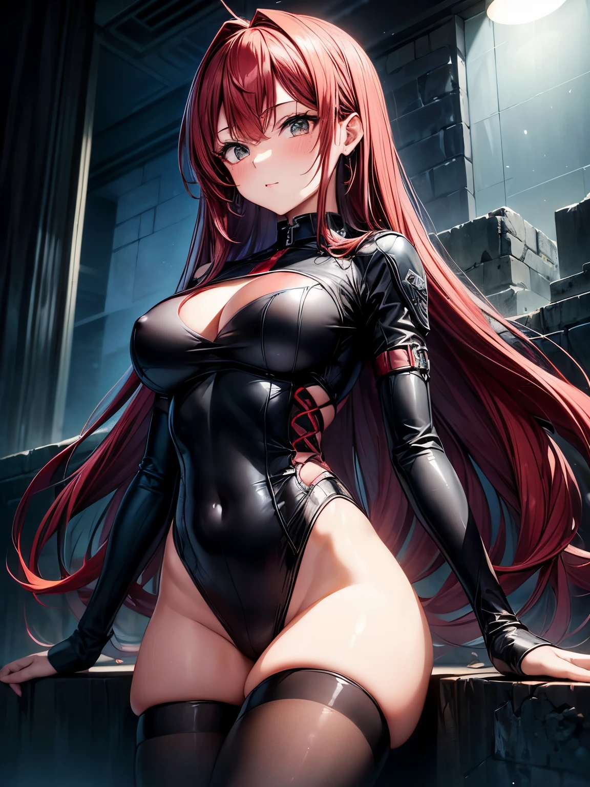 highest quality、Nice sexy body、One Woman、(solo)、((Beautiful busty woman:1.4))、(Woman with dark red hair:1.3)、Long hair woman、Woman with straight hair、(A woman wearing a matte black and matte red plug suit:1.3)、Cyber Suit、Rubble building、ruins、night