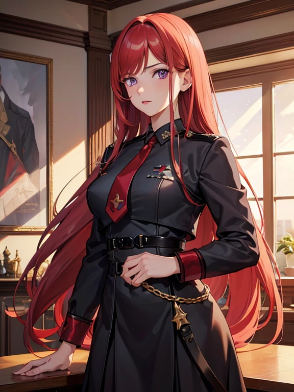 Masterpiece, best quality, 1 girl, red hair,purple eyes, European military uniform,empire, luxurious, Detailed eyes, Detailed facial features, Realistic and high resolution (best quality, 4k, 8k, height, Masterpiece:1.2),Stand and see your whole body.