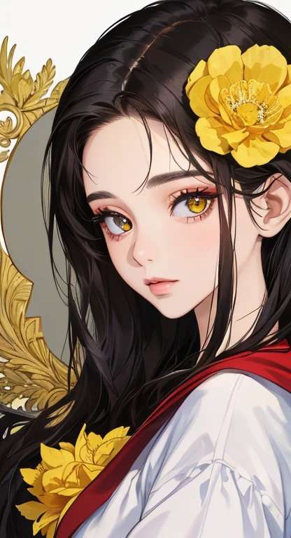 ((obra de arte, melhor qualidade, ultra-detalhado, high resolution)), Sozinho, garota linda, olho brilhante, olho perfeito, 15 anos, tema ouro branco preto,