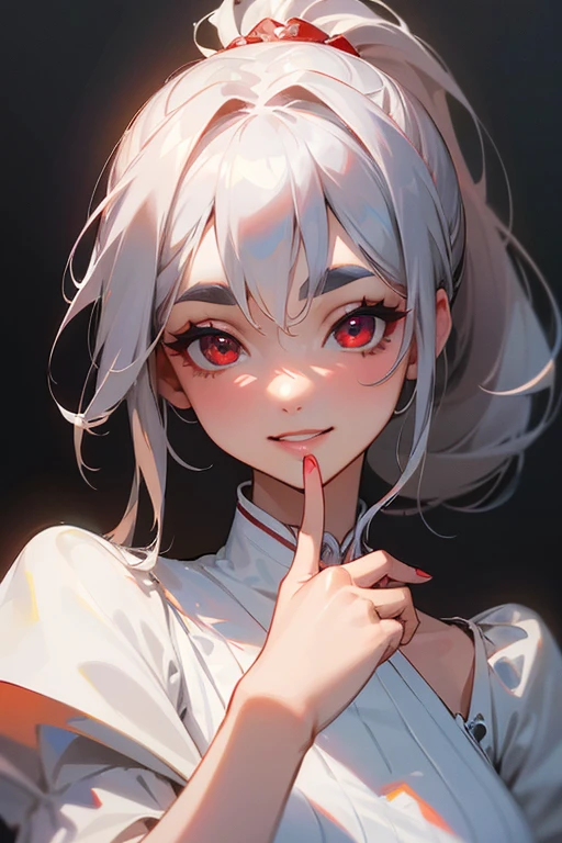 (highest quality, masterpiece:1.2), High resolution, Very detailed, Realistic:1.37, Fantasy, An illustration,Gray Hair、 Red eyes、Queen, White Dress、Platinum decoration、beautifully、Eyeshadow Red、Thick eyebrows、Long eyelashes、pupils are black、shiny on the lips、Top Sites、Queen、Princess、ponytail、A kind smile、Show your teeth a little and smile、Soft impression、people々々々々Loved by、