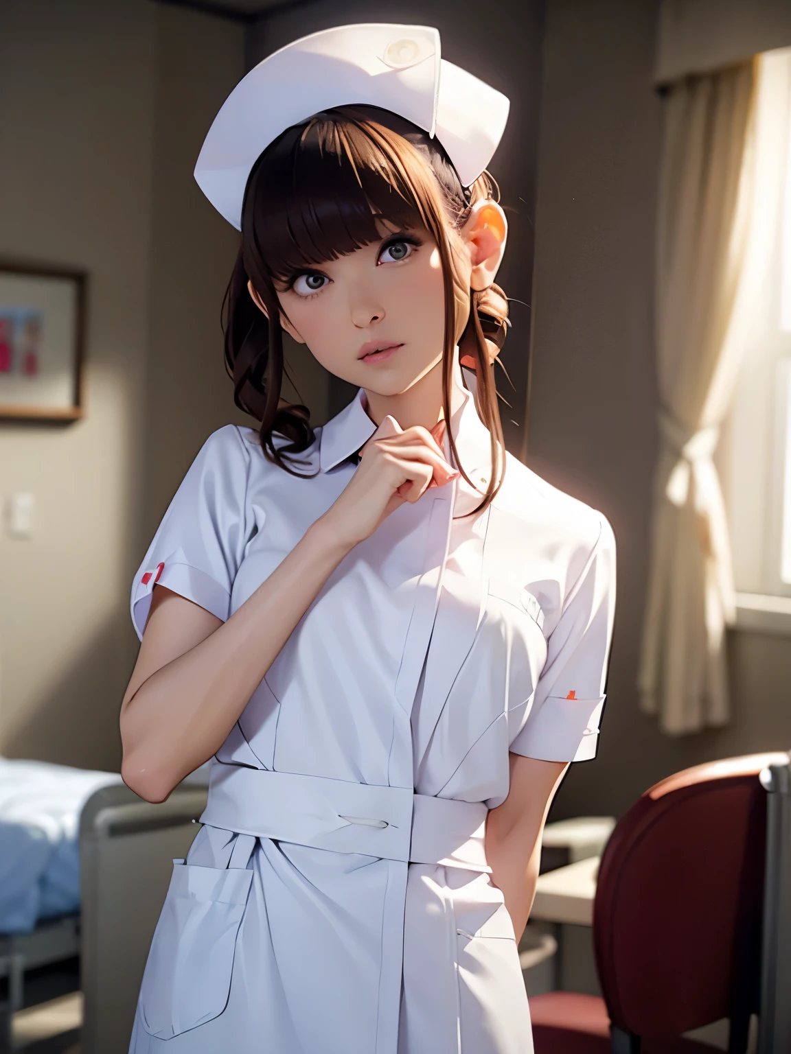 1 girl,(Wearing white nurse clothes:1.2),(Raw photo, highest quality), (realistic, photo-realistic:1.4), masterpiece, very delicate and beautiful, very detailed, 2k wallpaper, wonderful, finely, very detailed CG unity 8k wallpaper, Super detailed, High resolution, soft light, beautiful detailed girl, very detailed eyes and face, beautifully detailed nose, finely beautiful eyes, nurse, perfect anatomy, black hair, up style, nurse uniform, ((nurse cap)), long skirt, nurse, white costume, thin, hospital, clear, white uniform, hospital room, Neck auscultation,close your face,