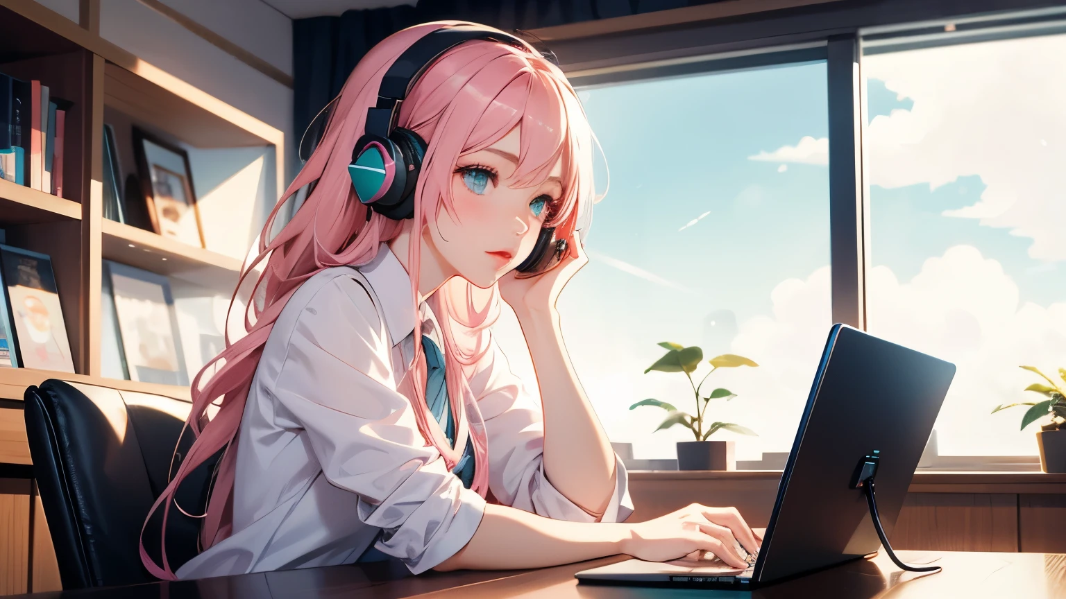 A beautiful pink-haired girl in the style of Hatsune Miku is wearing headphones while looking at the computer in front of her. Desk in a cafe There is coffee on the desk Japanese anime style