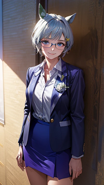 Seiun Sky (umamusume), (masterpiece:1.2, top-quality), (realistic, photorealistic:1.4), beautiful illustration, (natural side lighting, movie lighting), nsfw, looking at viewer, cowboy shot, front view:0.6, 1 girl, japanese, teacher, perfect face, cute and symmetrical face, shiny skin, blue eyes, long eye lasher, (large breasts:0.8), beautiful hair, beautiful face, beautiful detailed eyes, beautiful clavicle, beautiful body, beautiful chest, beautiful thigh, beautiful legs, beautiful fingers, ((detailed cloth texture, (saxe blue business suit jacket), lavender collared shirts, saxe blue tight skirt, high heels), wayfarer glasses), (beautiful scenery), evening, class room, school, standing, (graceful, smile, upper eyes),