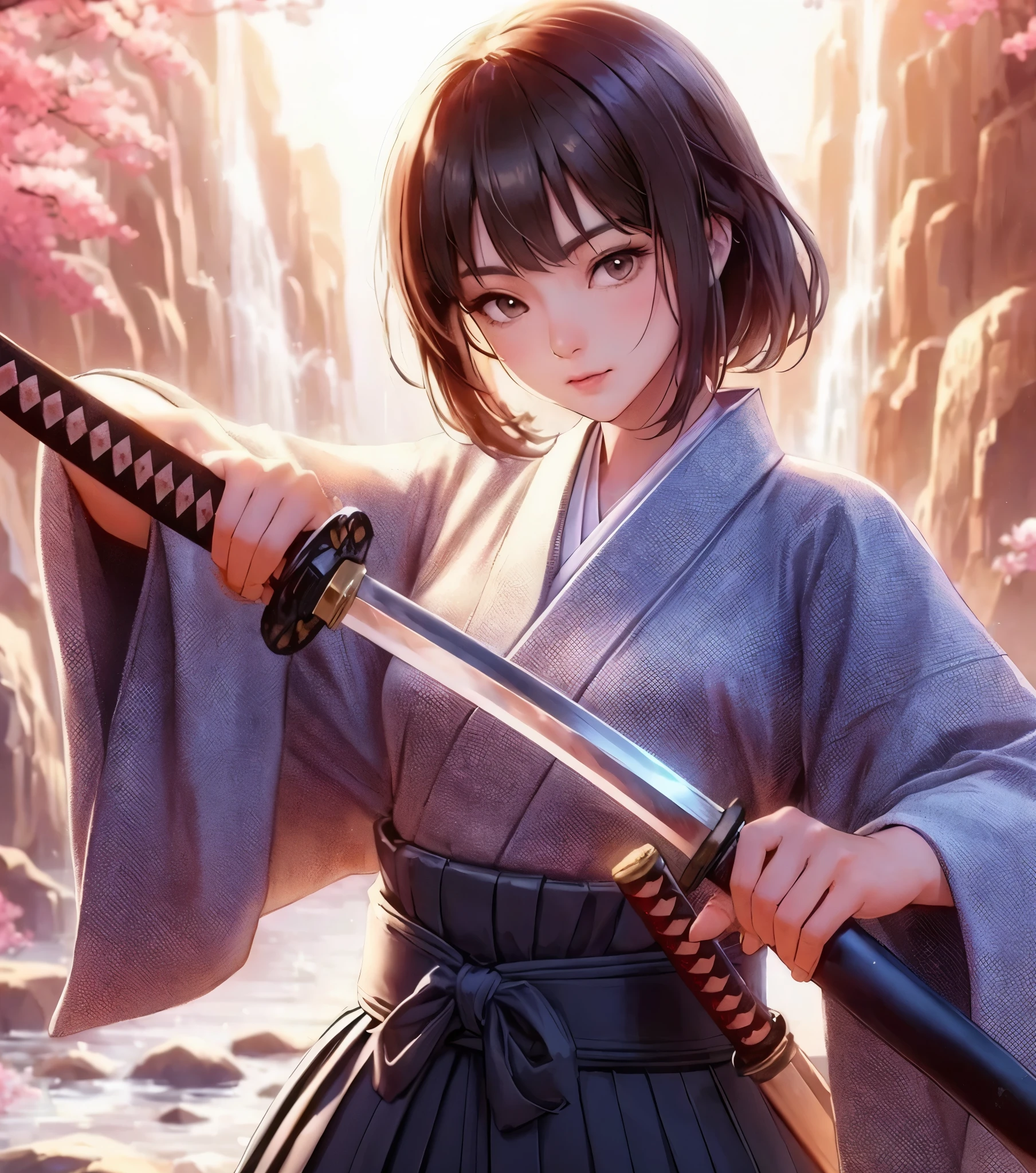 1lady standing, (pulling Japanese sword from sheath on waist), (light gray kimono) (dark gray hakama), mature female, /(brown hair/) bangs, cool expression, (light smile:0.5), dignified, (masterpiece best quality:1.2) delicate illustration ultra-detailed, medium breasts BREAK (holding (katana sword:1.2)), (blade shimmering), (holding sword sheath) BREAK (sacred rocky area) outdoors, waterfall, Japan, noon, detailed background