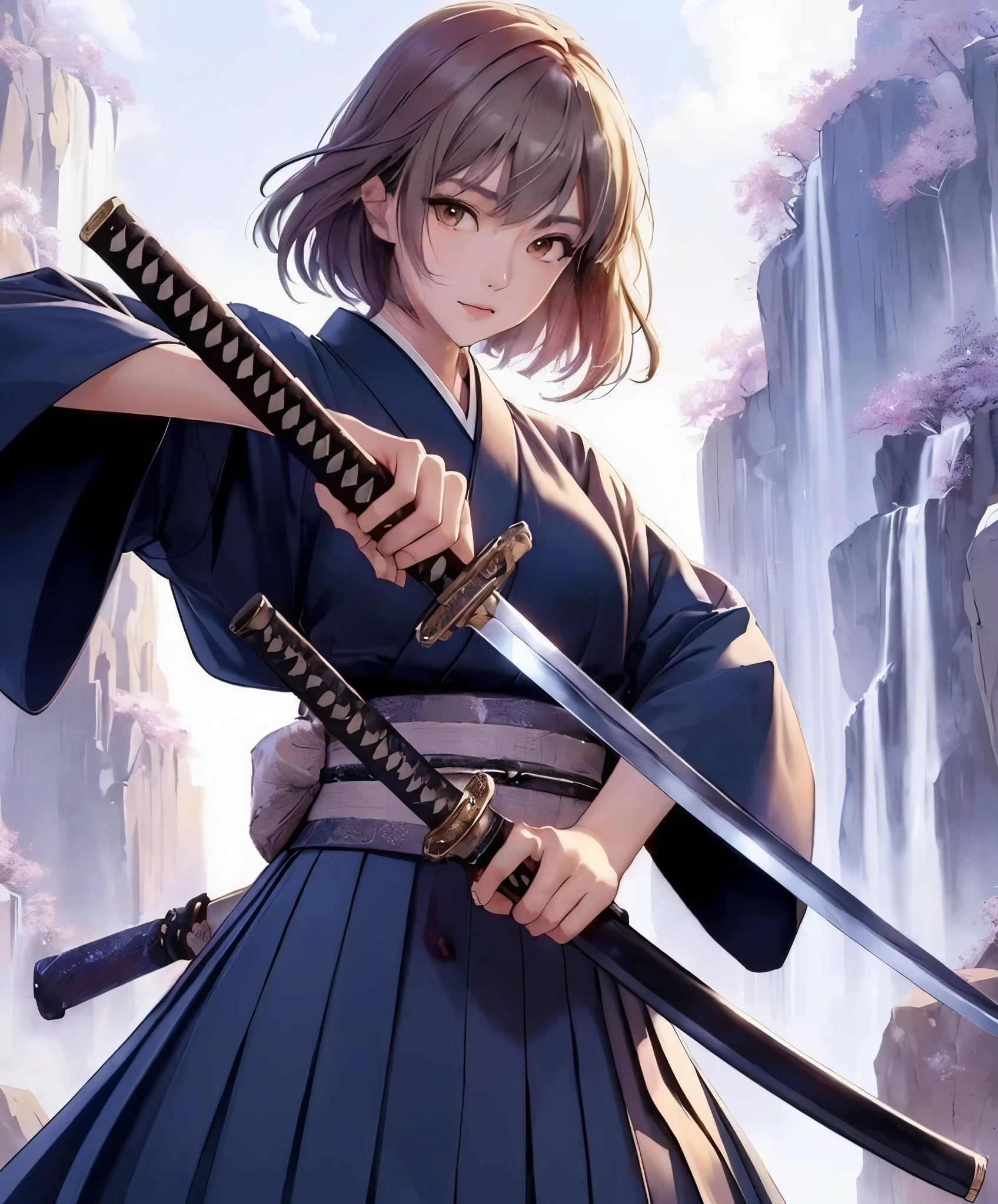 1lady standing, (pulling Japanese sword from sheath on waist), (black kimono) (dark gray hakama), mature female, /(beige brown hair/) bangs, cool expression, (light smile:0.5), dignified, (masterpiece best quality:1.2) delicate illustration ultra-detailed, medium breasts BREAK (holding (katana sword:1.2)), (blade shimmering), (holding sword sheath) BREAK (sacred rocky area) outdoors, waterfall, Japan, noon, detailed background