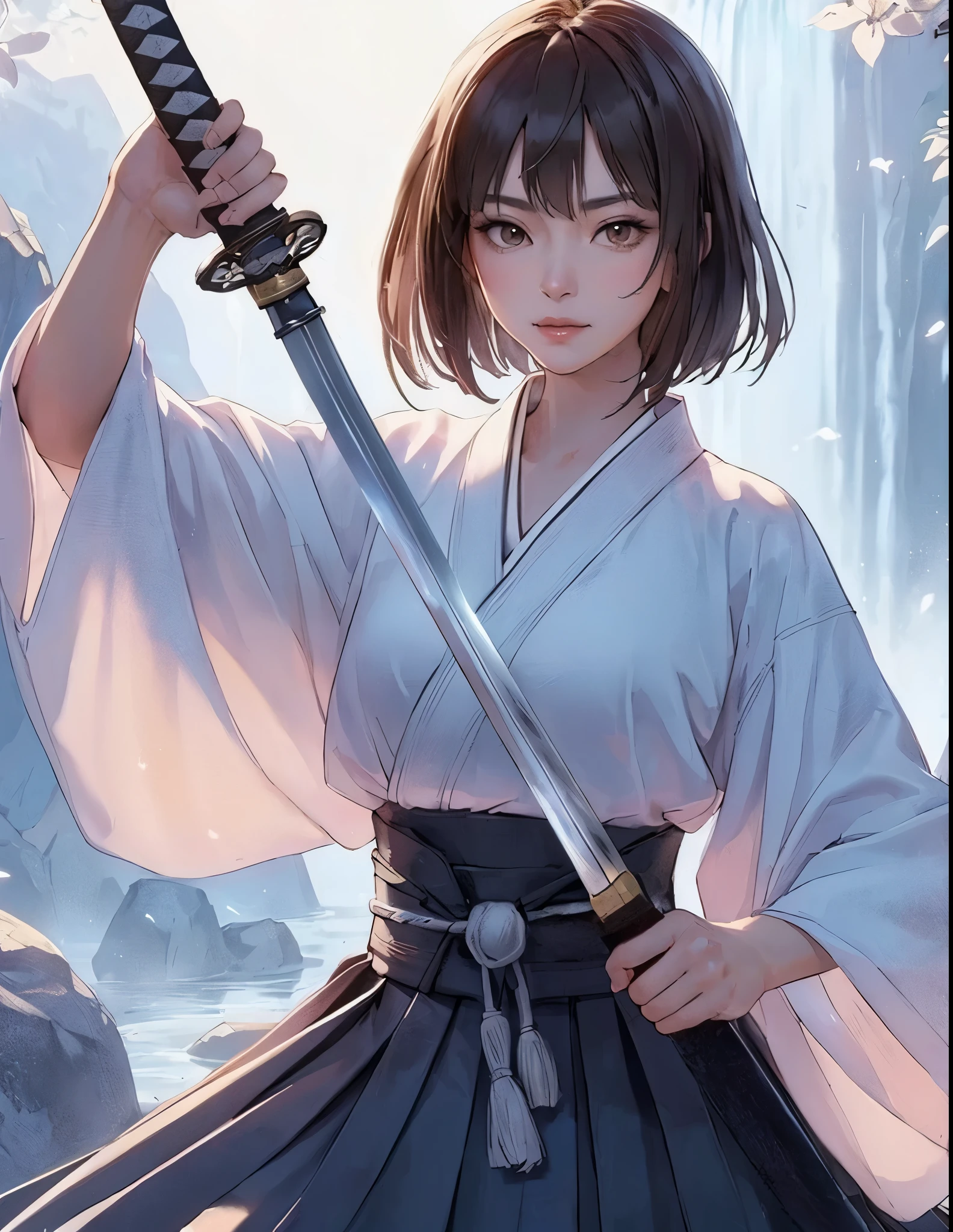 1lady standing, (pulling Japanese sword from sheath on waist), (white kimono) (dark gray hakama), mature female, /(dark brown hair/) bangs, cool expression, (light smile:0.5), dignified, (masterpiece best quality:1.2) delicate illustration ultra-detailed, medium breasts BREAK (holding (katana sword:1.2)), (blade shimmering), (holding sword sheath) BREAK (sacred rocky area) outdoors, waterfall, Japan, noon, detailed background