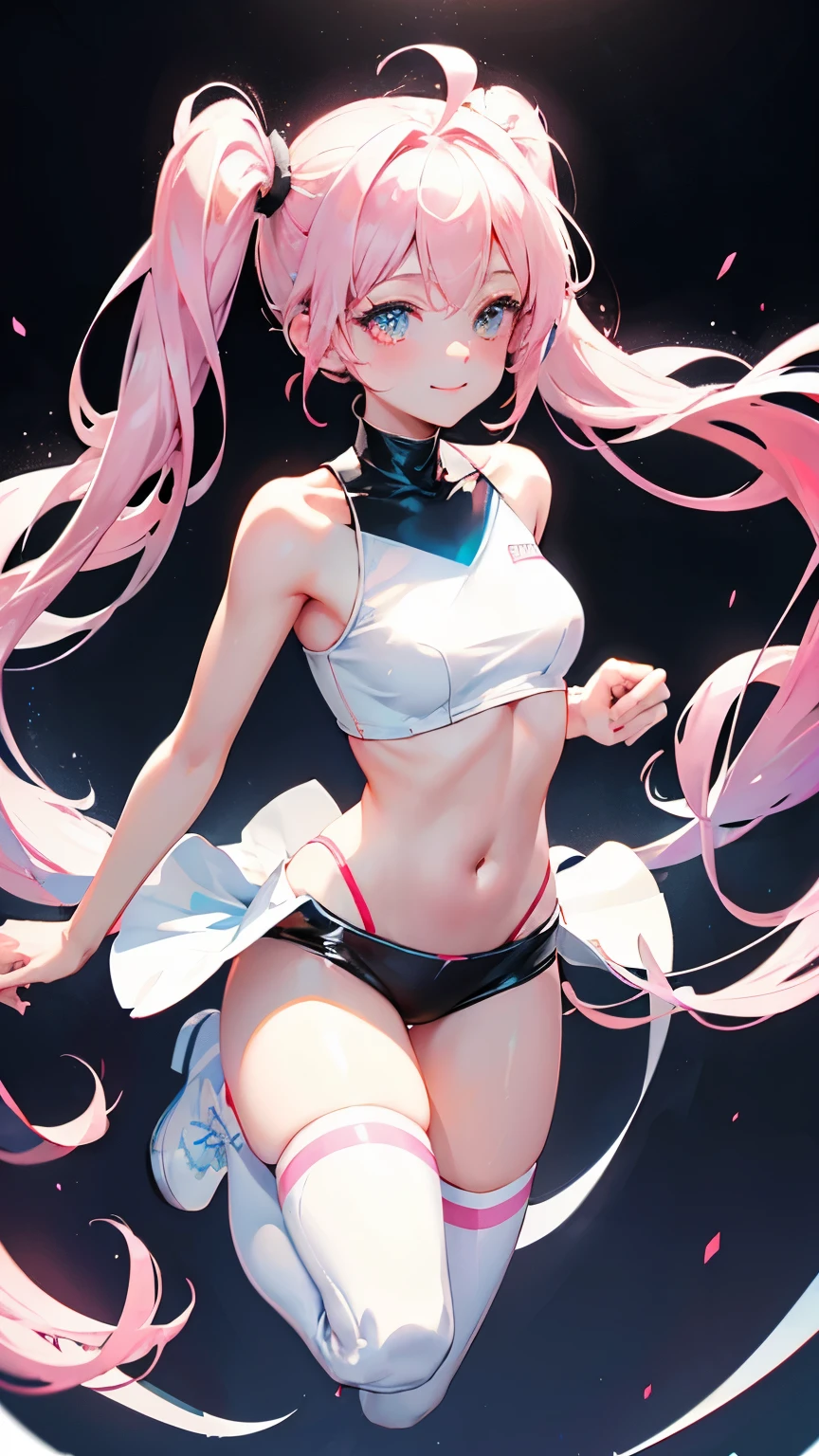 (Ultra HD quality)), ((masterpiece)), Very detailed，(((D Cup size Breasts)))Puffy nipples、(see through:1.5)、straighten your back、abdominal muscles、huge bust、angle to floor:1.2、low camera angle、Hair loss on crotch，Hatsune Miku，Foreshortening,  depth of field, main part, best quality, 1 girl, pink hair, teal eyes,  medium long hair, floating,Pink rays, O looks at the audience,pink skirt, flight,  Dim sunlight,