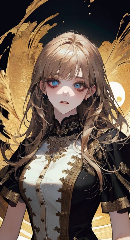 ((masterpiece, best quality, ultra-detailed, high-resolution)), solo, beautiful girl, gleaming eye, perfect eye, age 15, black white gold theme,
