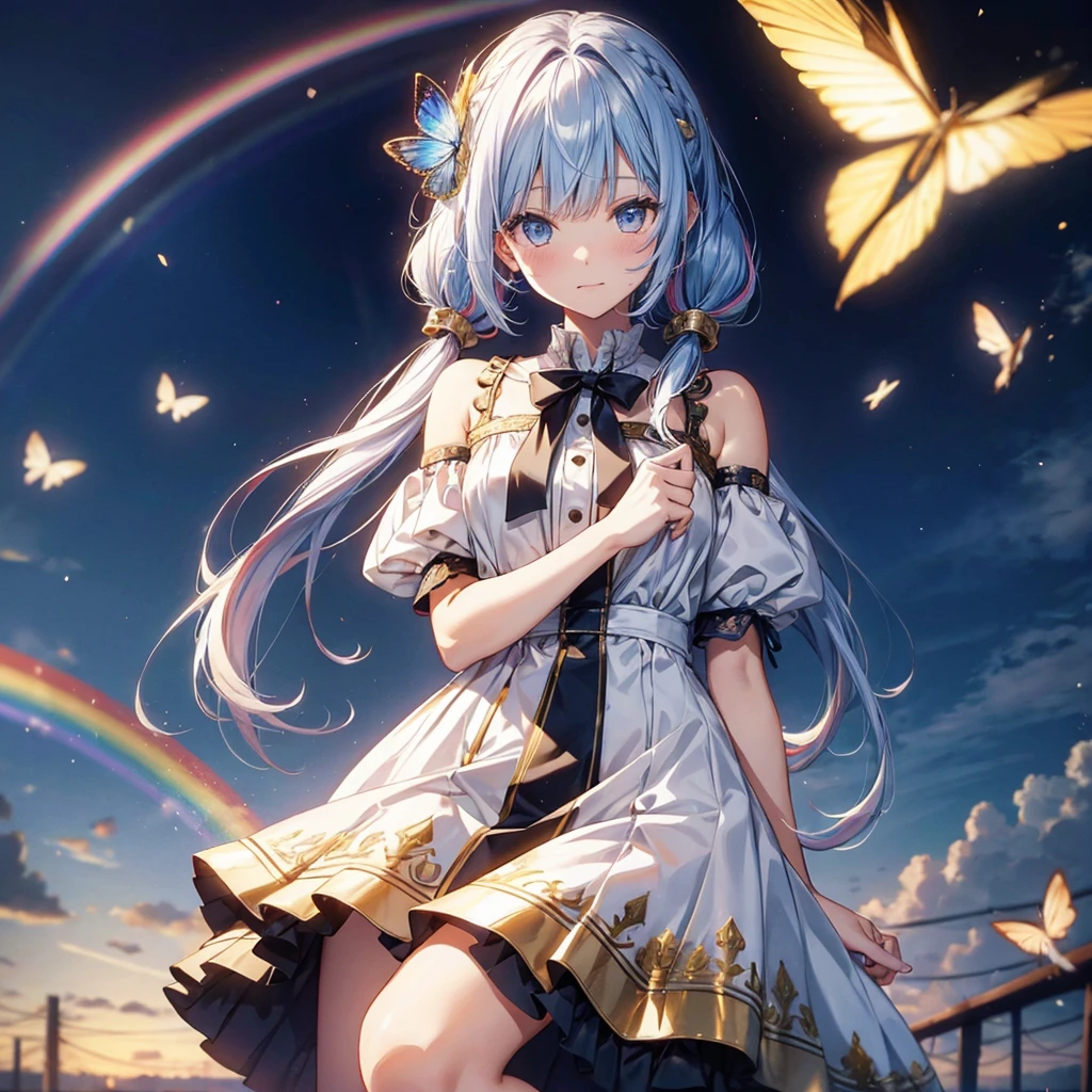 Golden light、rainbows、Heaven、angelicales (rainbow hair:1.4),((Long twintails,Ribbon 1.4)),(Blue butterfly hair ornament),、Deities、Luz Divina(masutepiece:1.3), (8K, Photorealistic, Raw photo, Best Quality: 1.4), angelicales, Intricate details,Golden ratio, Blue butterfly、Skysky