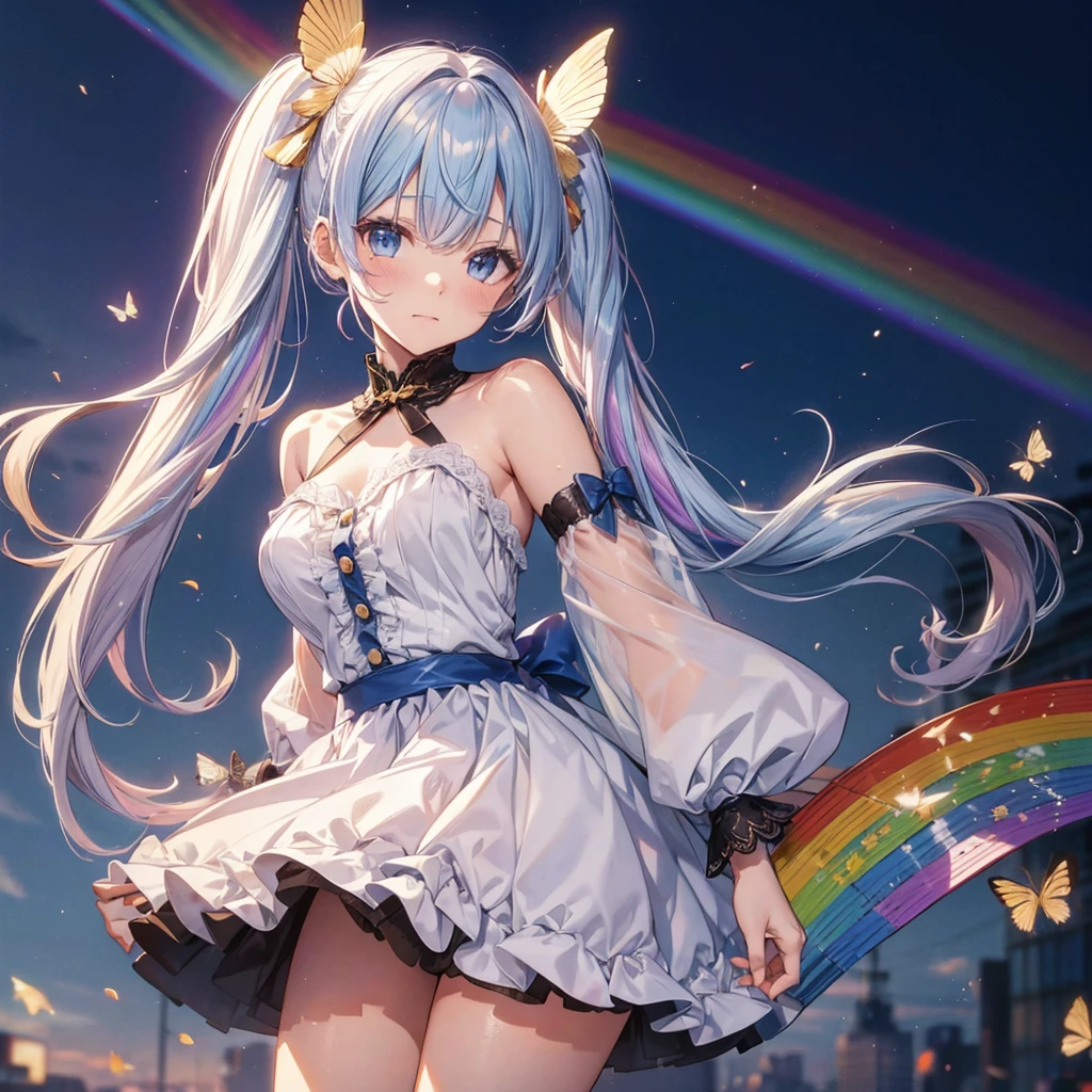 Golden light、rainbows、Heaven、angelicales (rainbow hair:1.4),((Long twintails,Ribbon 1.4)),(Blue butterfly hair ornament),、Deities、Luz Divina(masutepiece:1.3), (8K, Photorealistic, Raw photo, Best Quality: 1.4), angelicales, Intricate details,Golden ratio, Blue butterfly、Skysky