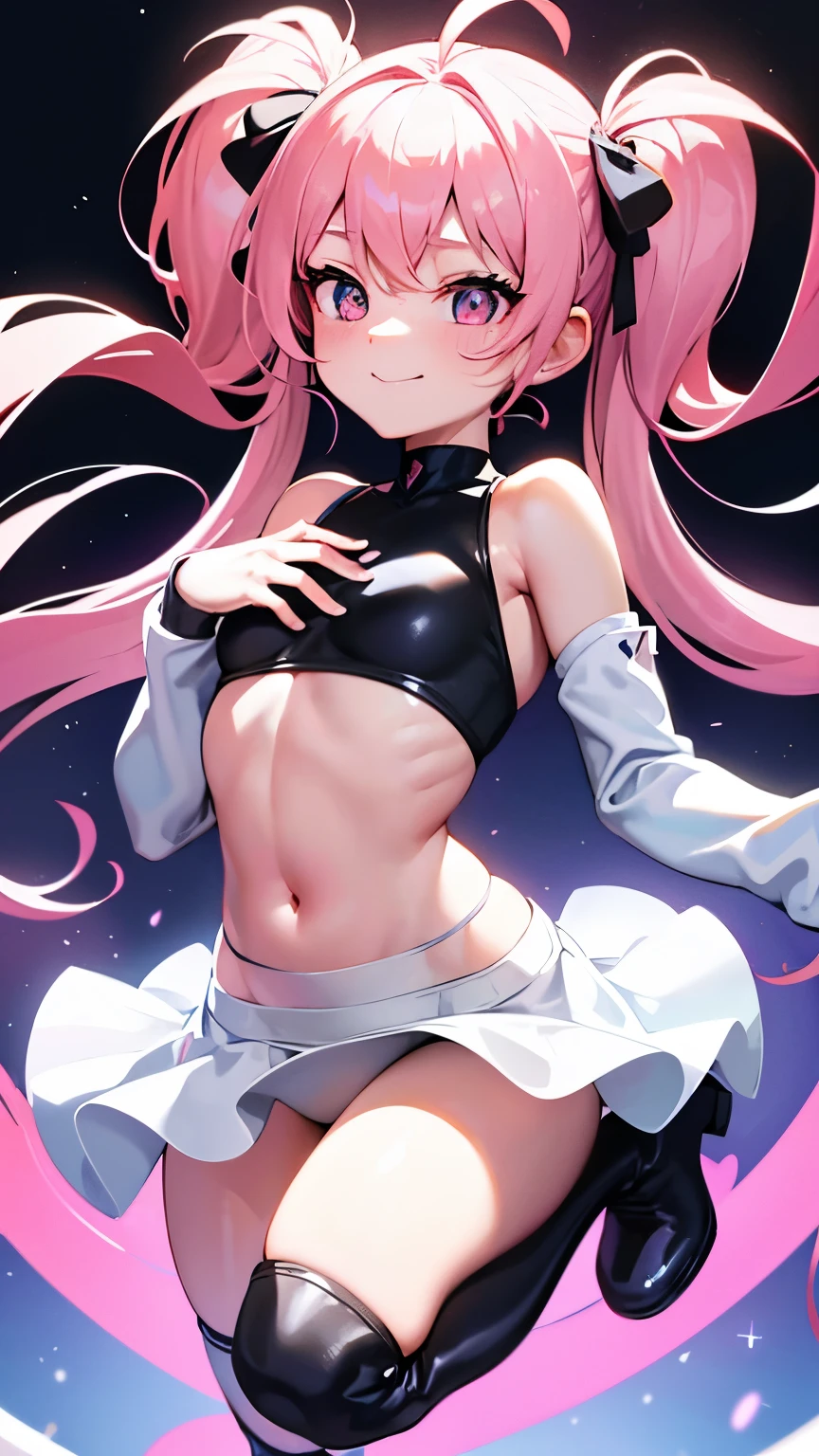 best quality, super fine, 16k, incredibly absurdres, extremely detailed, delicate, flashy and dynamic depiction, beautiful cute girl, sparkling light blue big round eyes, happy, shy, smile, pink twin tails, big long ahoge, thin flat body line, slender proportion, wearing pink and white horizontal striped knee-high socks, pink, white and black crop top, black micro bikini pants, red enamel long boots, cute pose, floating in the air, background iridescent aura-effect