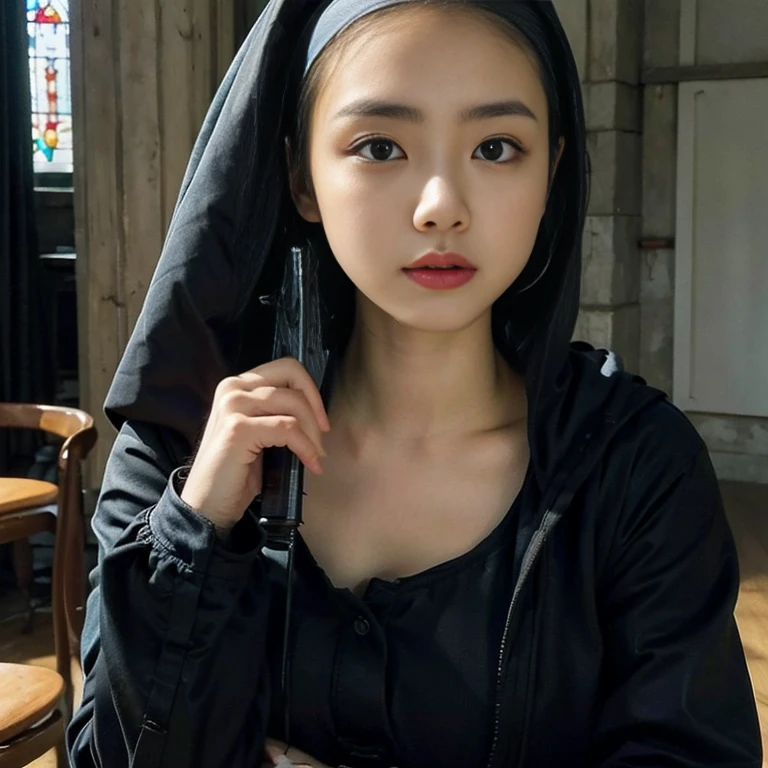 A beautiful nun、Very beautiful woman、(Skinhead:1.7)、(Wearing a nun's hood:1.4)、Big Breasts、(Wear lingerie:1.4)、(Keep your assault rifle aimed at the viewer:1.67)、Cowboy Shot、Dynamic Pose、Standing at the altar of the chapel、Stained glass、Hymns、It's a solemn atmosphere.