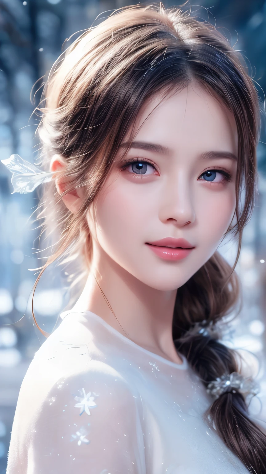 A girl，Exquisite facial features，Big watery eyes，Angelic smile，Blush，Good looking，Silver long hair，Princess Head，Snow Queen，energetic，Gorgeous clothing，Background，Sense of Brokenness，Super Resolution，HD，8k，Film texture。