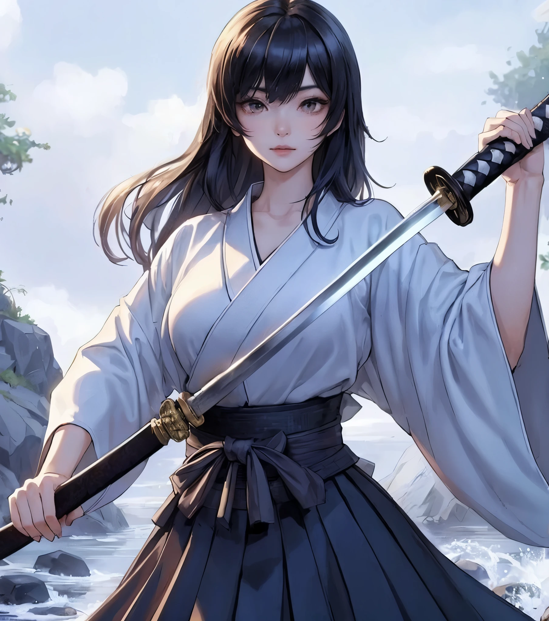 1lady standing, (pulling Japanese sword from sheath on waist), (white kimono) (black hakama), mature female, /(black hair/) bangs, cool expression, (light smile:0.5), dignified, (masterpiece best quality:1.2) delicate illustration ultra-detailed, medium breasts BREAK (holding (katana sword:1.2)), (blade shimmering), (holding sword sheath) BREAK (sacred rocky area) outdoors, waterfall, Japan, noon, detailed background