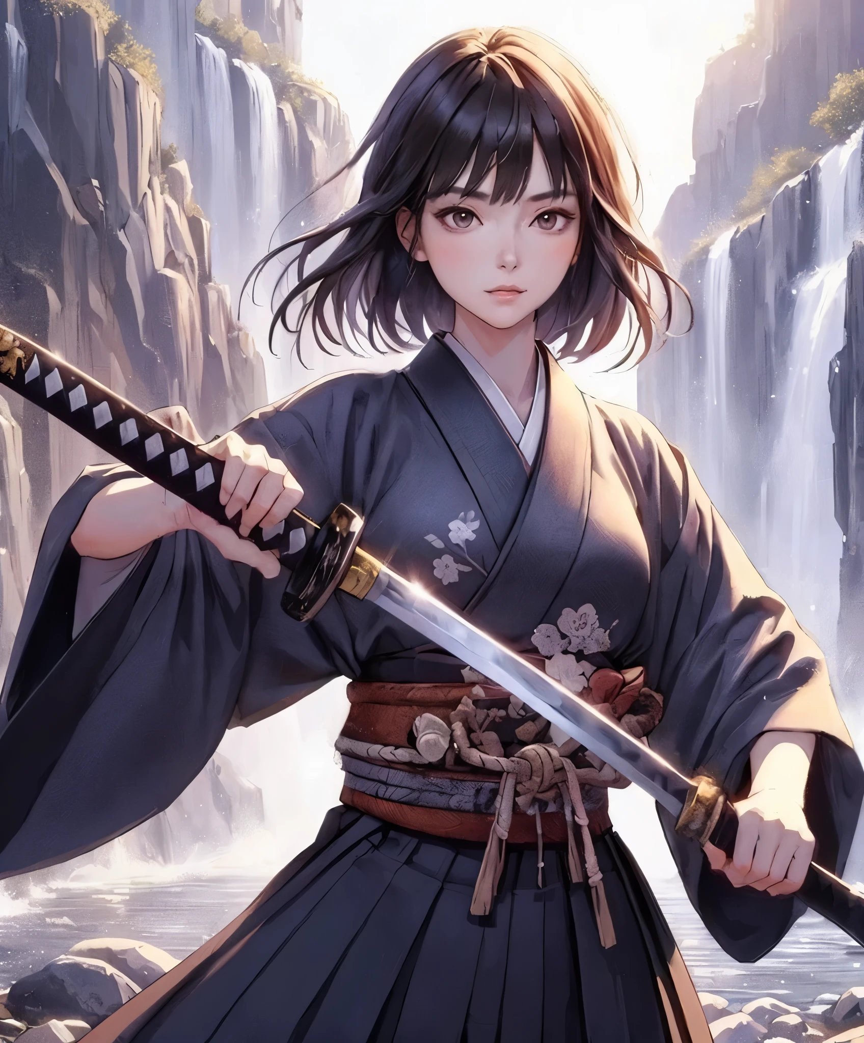 1lady standing, (pulling Japanese sword from sheath on waist), (dark gray kimono) (dark gray hakama), mature female, /(dark brown hair/) bangs, cool expression, (light smile:0.5), dignified, (masterpiece best quality:1.2) delicate illustration ultra-detailed, medium breasts BREAK (holding (katana sword:1.2)), (blade shimmering), (holding sword sheath) BREAK (sacred rocky area) outdoors, waterfall, Japan, noon, detailed background