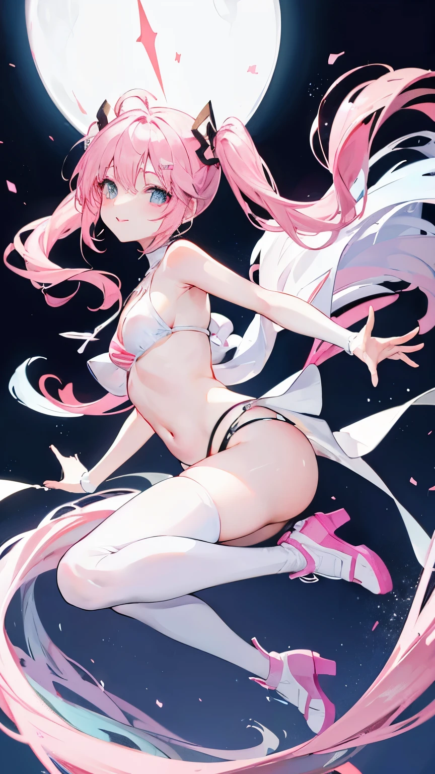 best quality, super fine, 16k, incredibly absurdres, extremely detailed, delicate, flashy and dynamic depiction, beautiful cute girl, sparkling light blue big round eyes, happy, shy, smile, pink twin tails, big long ahoge, thin flat body line, slender proportion, wearing pink and white horizontal striped knee-high socks, pink, white and black crop top, black micro bikini pants, red enamel long boots, cute pose, floating in the air, background iridescent aura-effect 