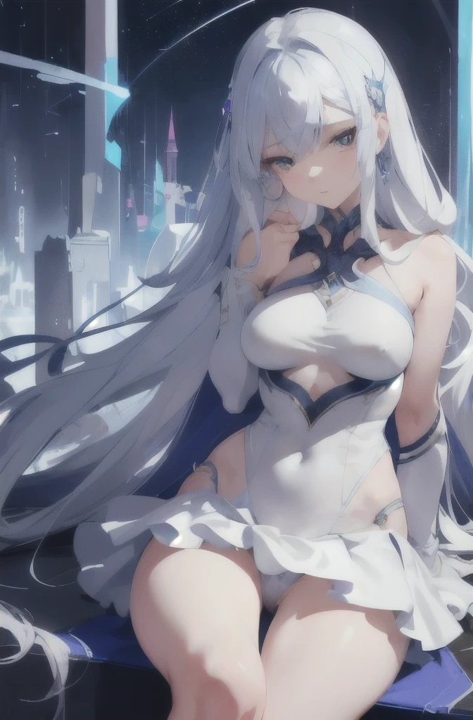 (High resolution:1.2,Very detailed,Realistic) In a magical cyberspace、A girl in a white leotard and a miniskirt is sitting with her legs apart, exposing her crotch., She exudes a captivating aura, With her graceful demeanor and captivating gaze. Her white leotard fits perfectly, Accentuating her slender yet powerful physique. The miniskirt adds a playful touch to her outfit., Elegance and youth々Create a harmonious balance of beauty. Her Face, Surrounded by flowing, silky hair, She has beautiful eyes that sparkle like the stars in the night sky.. Her strikingly bright eyes reflect her inner strength and determination., Her long eyelashes flutter delicately. Her slender nose and flawless skin accentuate her mysterious beauty.. beautiful lip detail, Slightly pinkish, Exudes innocence and charm. The magical cyber world that surrounds her、A fascinating mix of futuristic architecture and whimsical elements.。. Vibrant blue and purple neon lights illuminate the scene, cast a soft light around you. The air is filled with mystery and awe., As if anything is possible in this enchanting world. In the distance, Towering skyscrapers stretch out towards the starry sky, The smooth surface reflects the vibrant colors of its surroundings. The cityscape is decorated with holographic projections of fantastical creatures and dazzling patterns., Add a layer of enchantment to your scene. The girl raised her hand, Sparkling magical energy flows from her fingertips., Intertwined with the digital threads of the cyber world. These energy strands form intricate patterns and shapes, It represents her inner strength and connection to the digital world.. The colors of the entire work are predominantly cool colors.。, The blue and purple hues create an otherworldly beauty. The lighting of the scene is carefully crafted., soft, Diffused light casts a gentle shadow、Highlighting the girl's features.