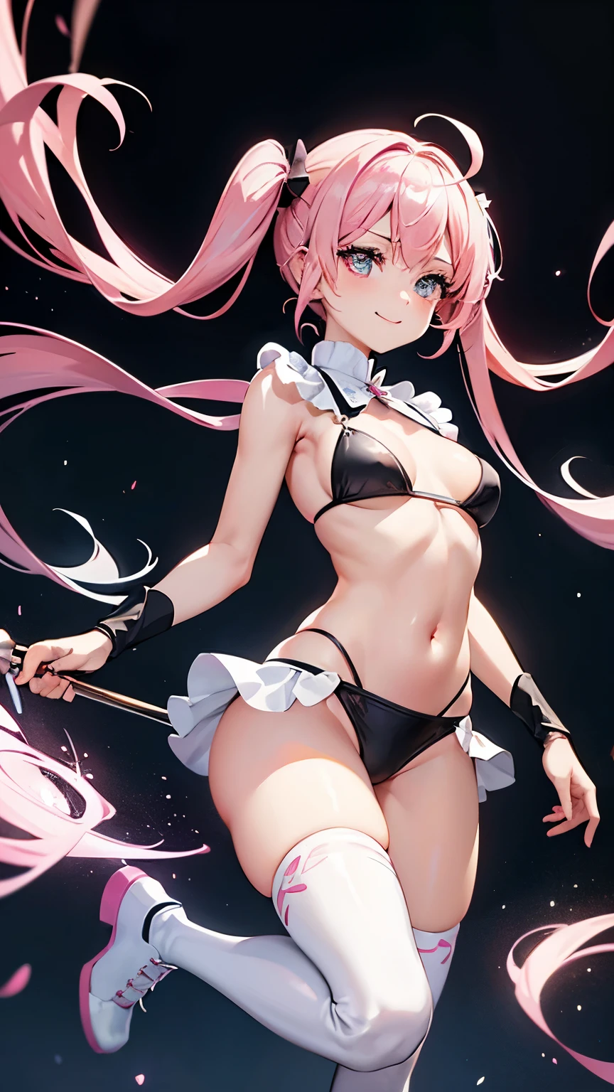 best quality, super fine, 16k, incredibly absurdres, extremely detailed, delicate, flashy and dynamic depiction, beautiful cute girl, sparkling light blue big round eyes, happy, shy, smile, pink twin tails, big long ahoge, thin flat body line, slender proportion, wearing pink and white horizontal striped knee-high socks, pink, white and black crop top, black micro bikini pants, red enamel long boots, cute pose, floating in the air, background iridescent aura-effect 