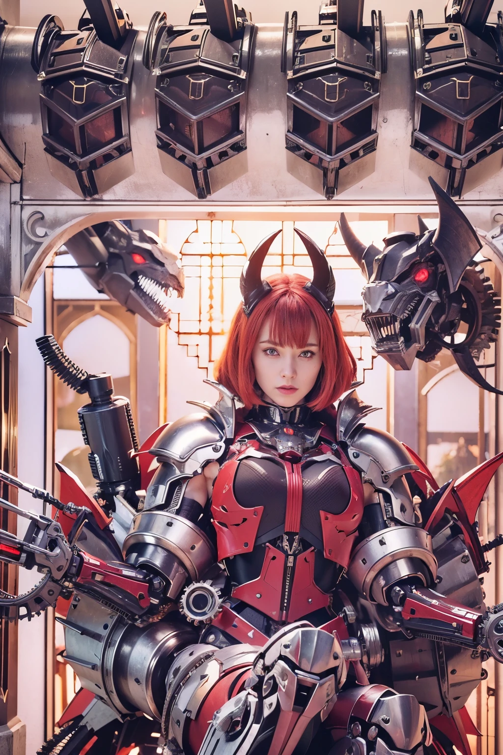 (masterpiece, best quality:1.2), (8k uhd, 16k, 32k, ultra high res), (photorealistic:1.37), (RAW photo), ultimate-realistic, ultimate-realistic details, ultimate-realistic texture, ultimate-intricate details, ultimate-realistic lighting, ultimate-realistic shadow, japanese girl, ultimate-cute face, ultimate-RAW skin, ultimate-realistic eyes, (mechanical:1.4),  (armor), full body, wide shot, Evil organization, demons, horns, bat wings, red hair, bob cut, mechanical armor, reddish-black skin, red eyes, flying with Satanic castle in background