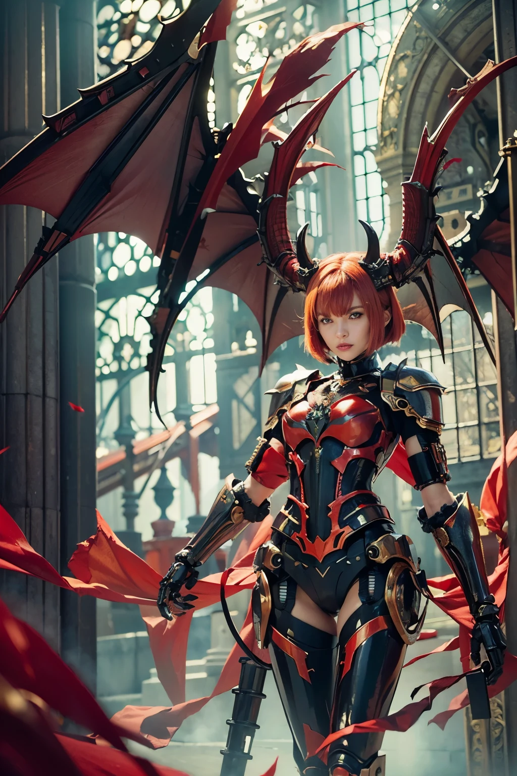 (masterpiece, best quality:1.2), (8k uhd, 16k, 32k, ultra high res), (photorealistic:1.37), (RAW photo), ultimate-realistic, ultimate-realistic details, ultimate-realistic texture, ultimate-intricate details, ultimate-realistic lighting, ultimate-realistic shadow, japanese girl, ultimate-cute face, ultimate-RAW skin, ultimate-realistic eyes, (mechanical:1.4), (armor), full body, wide shot, Evil organization, demons, horns, bat wings, red hair, bob cut, mechanical armor, reddish-black skin, red eyes, flying with Satanic castle in background