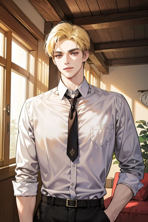 (masutepiece, Digital Art, Digital Illustration, 4K, 8K, Ultra-detailed, beautiful image, Sharp Image, Photorealistic, Raw photo, Perfect face, Perfect lines, Perfect eyes, Soft lighting) 1 male human, (a blond,Brown eyes,hair between eye,hair messy,short-hair,deadpan,Goofy face,Parallel eyebrows,Narrow-eyed,kindly smile,ember,28 years old:1.3),Handsome men, (ember,Business Shirt,neck tie,Thin macho,Firm shoulder width,Adult male:1.2),small plants,Sleepy face,Frantically opening your eyes,Loosen your tie,5 minutes before work,Living alone in a 1LDK,Hairstyle check,inside in room,Simple sofa,Double sofa