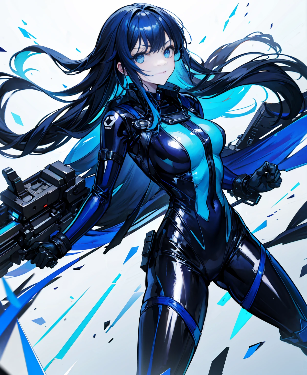 There is no background，girl，Carry a firearm，Patent leather tight suit，Use of firearms，Navy blue long hair，attention arousal，Blue colored eyes,No gradients