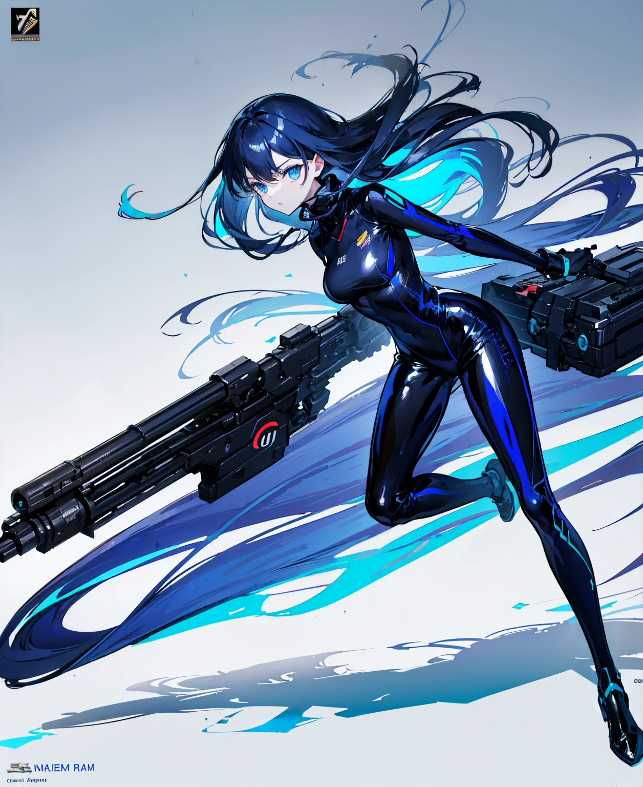 There is no background,girl,Carry a firearm,Patent leather tight suit,Use of firearms,Navy blue long hair,attention arousal,Blue colored eyes,No gradients