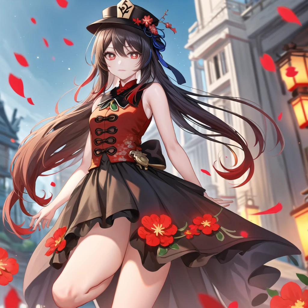 2d, masterpiece, best quality, anime, highly detailed eyes, highly detailed face, highly detailed background, perfect lighting, cowboy shot, feet out of frame, 1girl, solo, standing, hu tao \(genshin impact\), symbol-shaped pupils, flower-shaped pupils, hat, red flower, red eyes, cherry blossoms ,