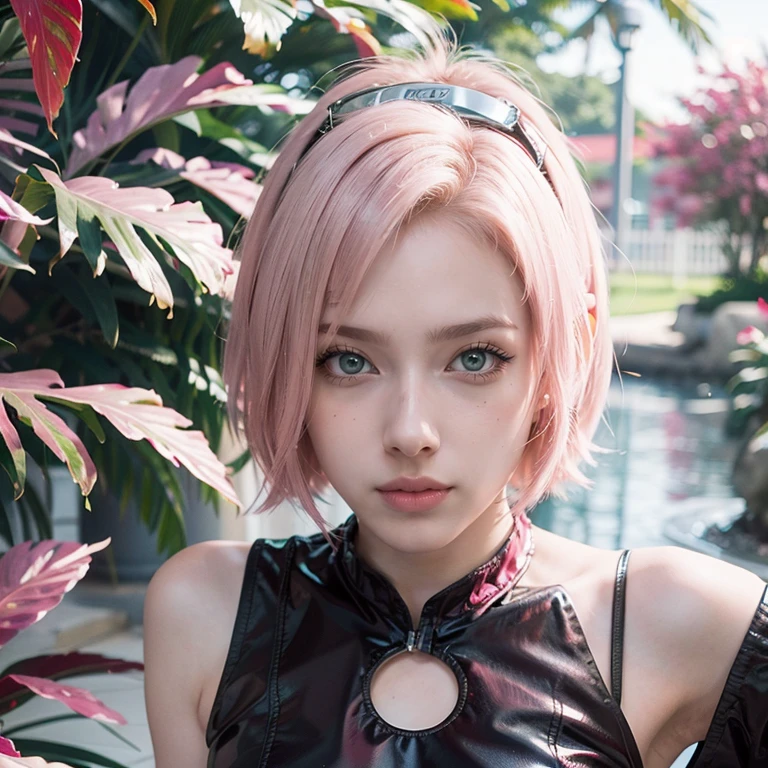 young woman, short shoulder-length pink hair, wide forehead, porcelain skin, pink eyebrows, big emerald green eyes, buttoned nose, full lips, heart-shaped face, slender body, small breasts, red tank top, Sakura Haruno , realistic, realism, details, 3d, well detailed

