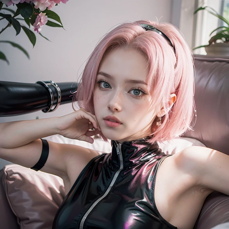 young woman, short shoulder-length pink hair, wide forehead, porcelain skin, pink eyebrows, big emerald green eyes, buttoned nose, full lips, heart-shaped face, slender body, small breasts, red tank top, Sakura Haruno , realistic, realism, details, 3d, well detailed
