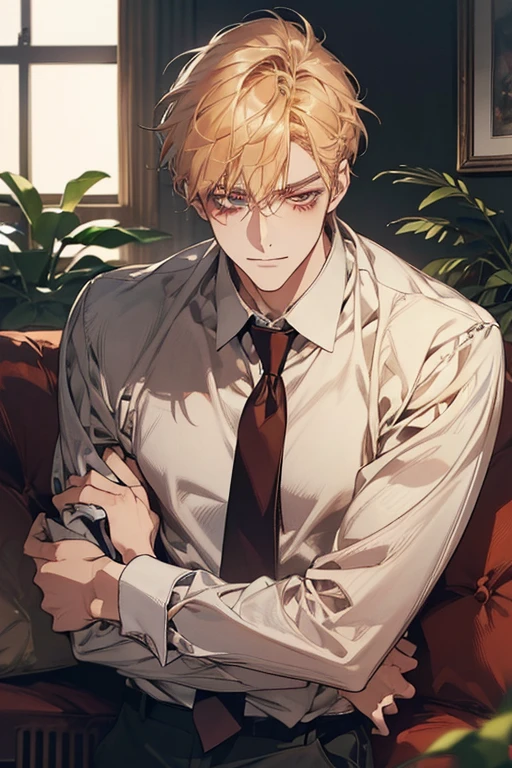 (masutepiece, Digital Art, Digital Illustration, 4K, 8K, Ultra-detailed, beautiful image, Sharp Image, Photorealistic, Raw photo, Perfect face, Perfect lines, Perfect eyes, Soft lighting) 1 male human, (a blond,Brown eyes,hair between eye,hair messy,short-hair,deadpan,Goofy face,Parallel eyebrows,Narrow-eyed,kindly smile,ember,28 years old:1.3),Handsome men, (ember,Business Shirt,neck tie,Thin macho,Firm shoulder width,Adult male:1.2),small plants,Sleepy face,Frantically opening your eyes,Loosen your tie,5 minutes before work,Living alone in a 1LDK,Hairstyle check,inside in room,Simple sofa,Double sofa