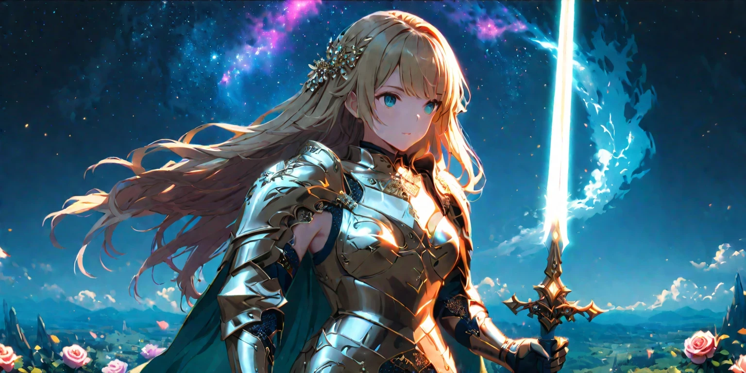 diy24,Adorned in shimmering armor, a blonde fantasy warrior stands tall in an enchanted rose garden, her iridescent sword casting a beacon of light amidst the darkness. In another scene, she is seen in a radiant landscape filled with floating islands against a starry sky, evoking a sense of adventure and exploration with her glowing presence.
