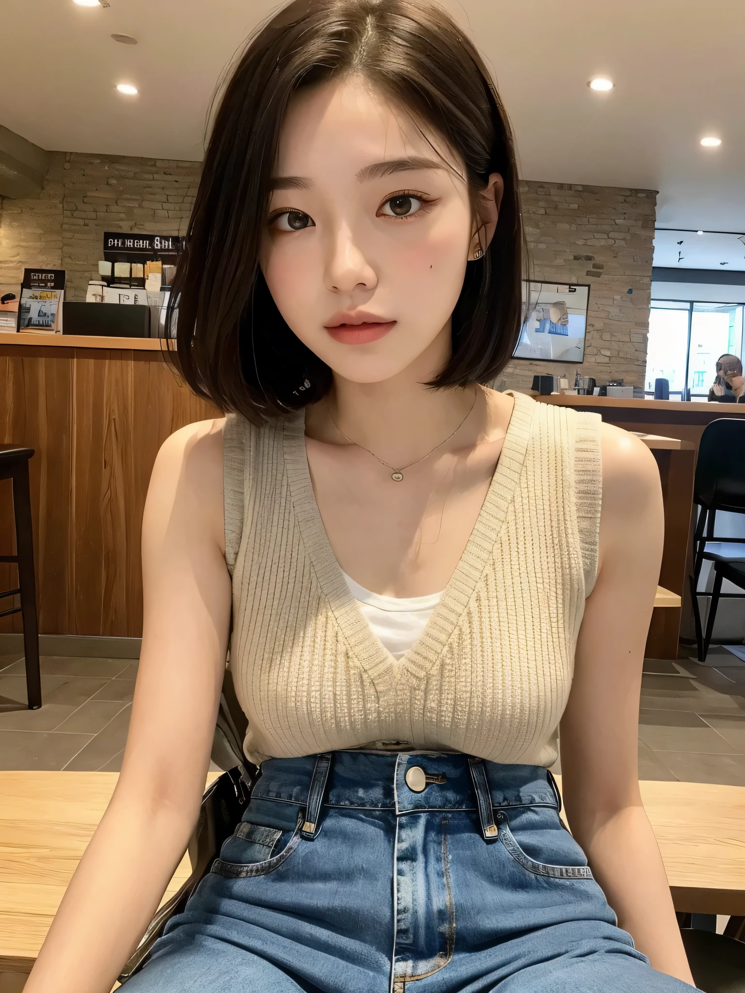 (Realist、high resolution:1.3)、1. Girl in perfect shape、Super thin face and eyes、short hair、Vest:1 piece(random color).2、Short jeans、In the cafe、Coffee on the table、Full face photo、Keep your hair away from your face