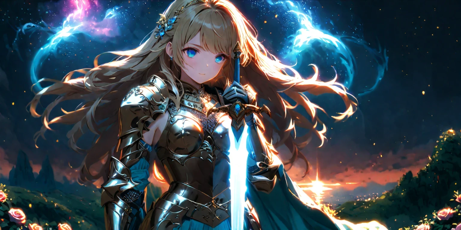 diy24,Adorned in shimmering armor, a blonde fantasy warrior stands tall in an enchanted rose garden, her iridescent sword casting a beacon of light amidst the darkness. In another scene, she is seen in a radiant landscape filled with floating islands against a starry sky, evoking a sense of adventure and exploration with her glowing presence.
