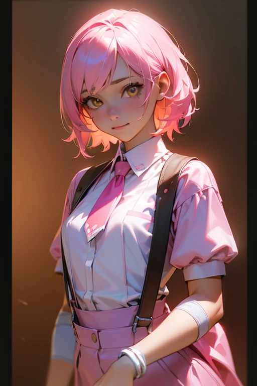 (8k, RAW Photos, highest quality, masterpiece), Ultra-high resolution, (Realistic, photo-Realistic), 1 girl, Emotionless, alone, Pink Hair, Yellow Eyes, Professional Lighting, Detailed lighting, Backlight, Written boundary depth, Natural light, Sharp focus, Focusing distance: 2 meters, Professional photography, Beautiful Eyes, Realistic eyes, Detailed Shadows, CG games, Cosplay, Pink clothes with arm ring,  suspenders, Upper Body, Pink clothes, Medium chest、smile、