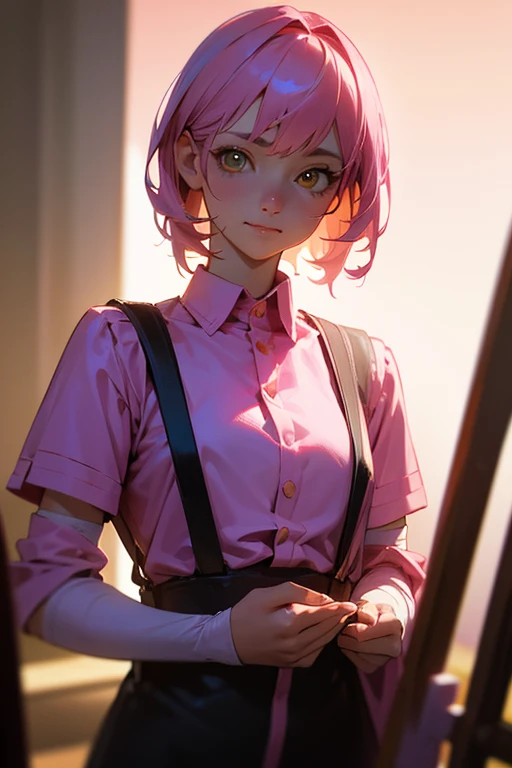 (8k, RAW Photos, highest quality, masterpiece), Ultra-high resolution, (Realistic, photo-Realistic), 1 girl, Emotionless, alone, Pink Hair, Yellow Eyes, Professional Lighting, Detailed lighting, Backlight, Written boundary depth, Natural light, Sharp focus, Focusing distance: 2 meters, Professional photography, Beautiful Eyes, Realistic eyes, Detailed Shadows, CG games, Cosplay, Pink clothes with arm ring, suspenders, Upper Body, Pink clothes, Medium chest、smile、