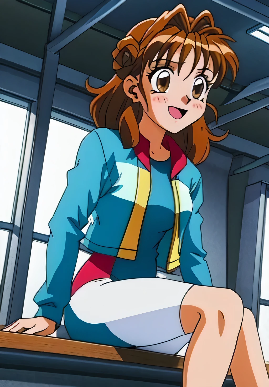 Maron, alone, Bloomers, (((Gym suit))), Vault, (((blue Bloomers))), Sitting, Jim's warehouse,,pupil_Brown,blush,smile,Open your mouth,masterpiece, expensive quality, very_expensive_solve, big_file size, Full Color,