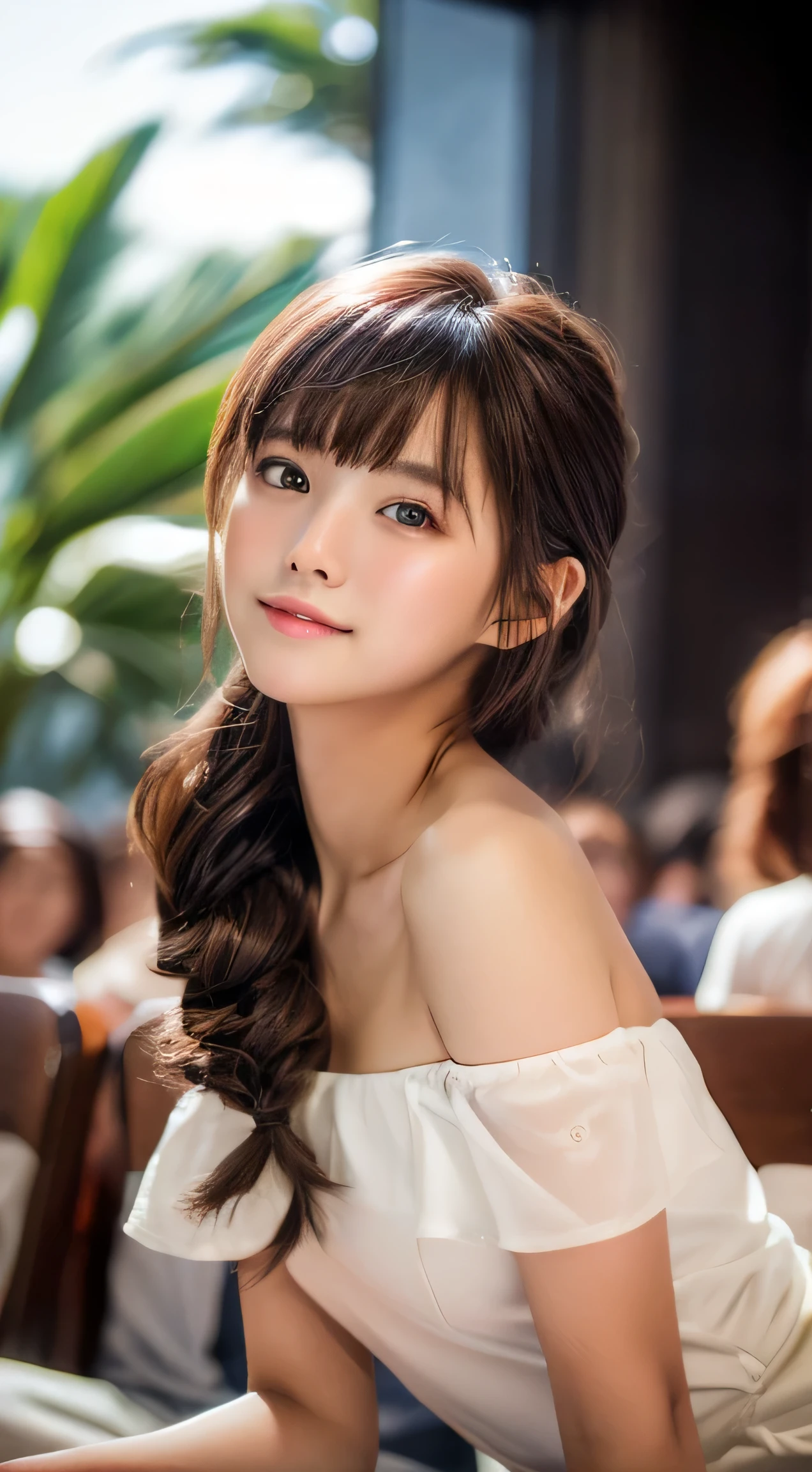 (masterpiece)、((Perfect anatomical depiction))、(Incredible dynamic range photography)、(Medium long brown hair)、(bangs)，(Transparent and shiny light grey pantyhose)、Shiny Pantyhose、Beautiful feet，Pantyhose fetish、(White off-the-shoulder dress)、( White High Heels），Long, slender legs，(Tropical sea background）、Beautiful Face、Light of the sun、Cinematic Light、Just like a Japanese idol、Beautiful eyes、Princess Eyes、（Iris）、8 heads、8k resolution、Cute Japanese Girl、elegant、 perfection、dynamic、High Detail、Concept Art、Smooth、(To the audience)、Shot in real natural light、Nice hairstyles、Beautiful teenage face
