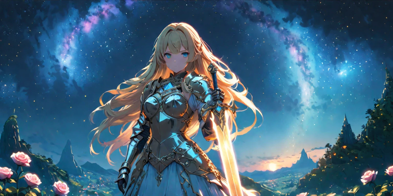 diy24,Blonde Fantasy Warrior in Enchanted Rose Garden, iridescent sword casting light, standing among magical blooming roses, shimmering armor reflecting the garden's mystical aura, high detail, atmospheric lighting, elegant, action-ready stance. Blonde Woman in Radiant Landscape of Floating Islands, starry night sky backdrop, sparkling armor and sword, sense of grand adventure and exploration, ethereal beauty, detailed fantastical setting, high-resolution art