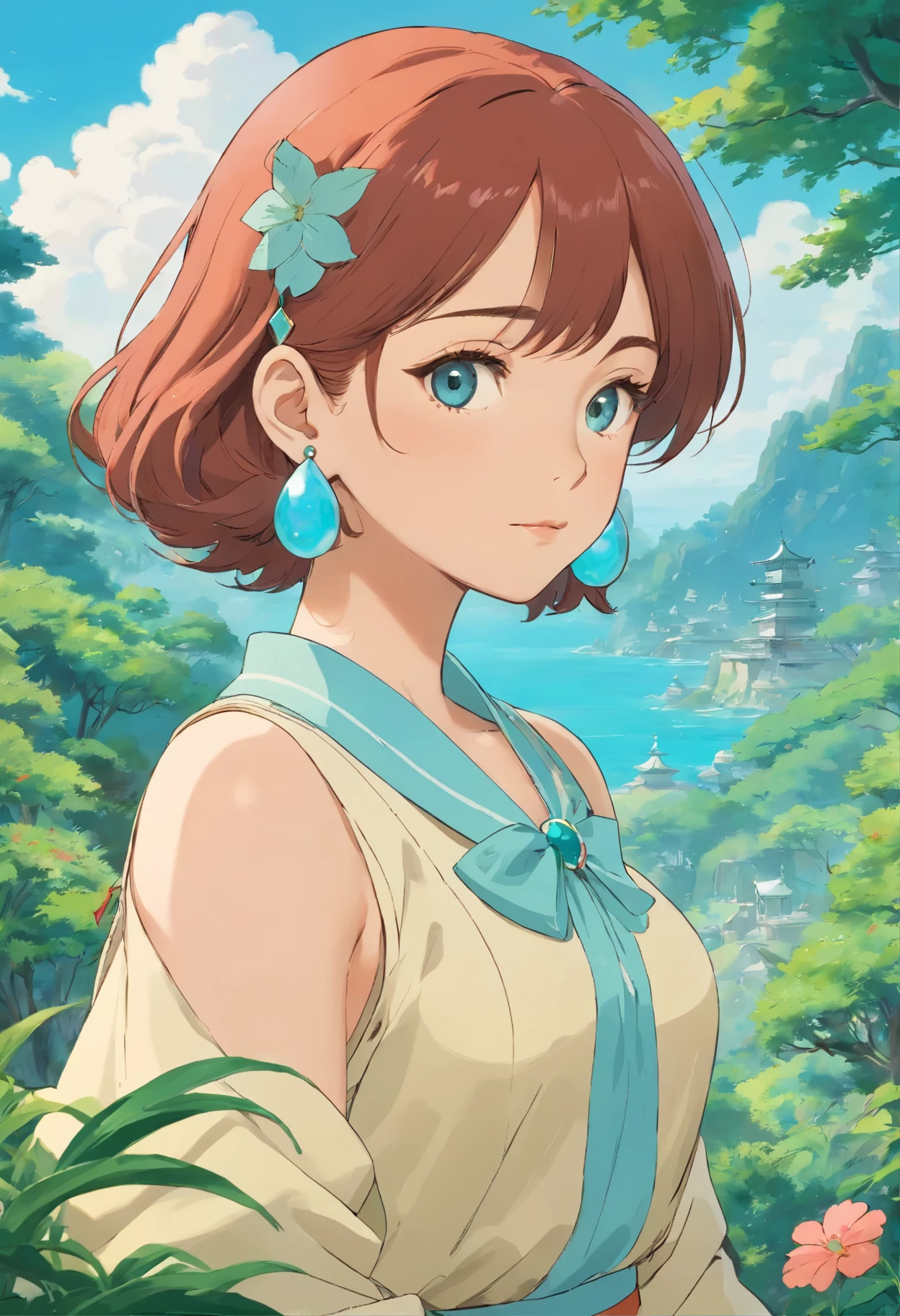 Anime girl with collar, long necklace and earrings, In the style of a tranquil garden landscape, Colorful animated stills, masami teraoka, Aquamarine, Paul Gauguin, Embry Style, Honest portrayal