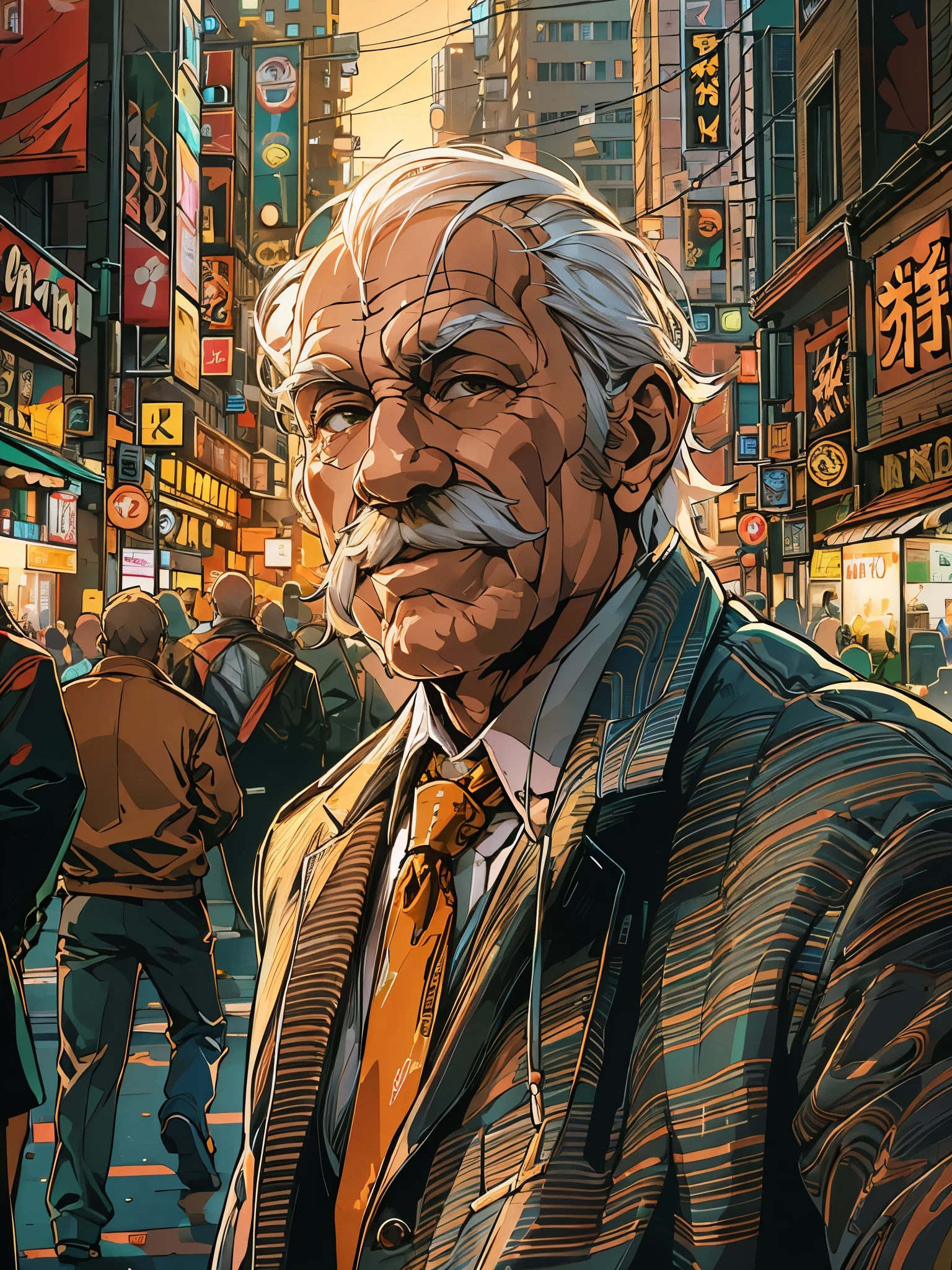 (best quality,4k,8k,highres,masterpiece:1.2),ultra-detailed,(realistic,photorealistic,photo-realistic:1.37),portrait, muscular old man, cityscape background, happy expression, autumn colors, stylish suits and ties, vector art style, mwvector, vibrant colors, warm lighting, flowing hair, elderly wrinkles, fine facial features, confident posture, bustling urban atmosphere, vibrant city lights, sharp focus, professional digital painting.