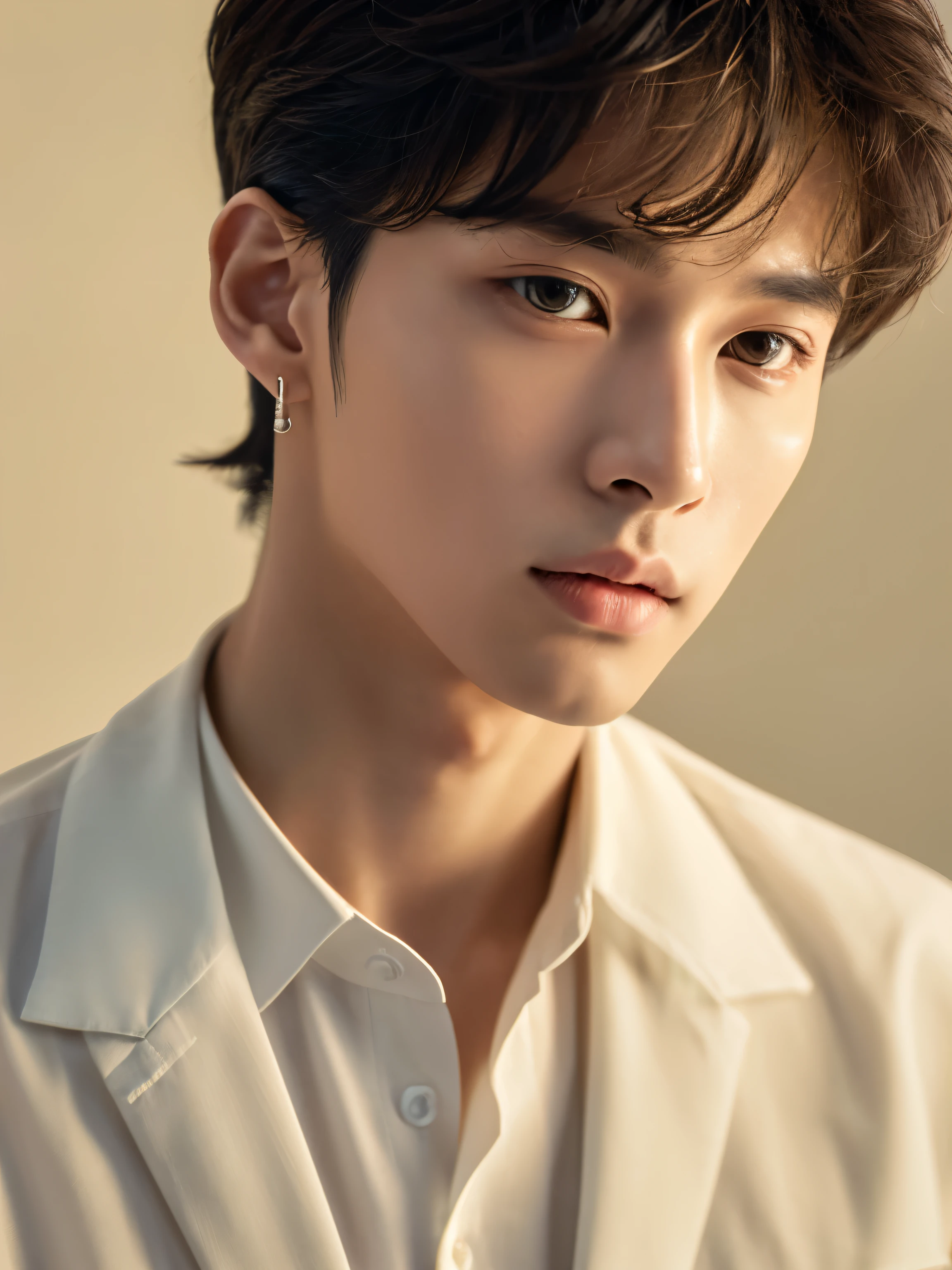 One male:1.3、From the chest up、masterpiece、highest quality, super quality, 8K portrait, high-resolution, ultra detailed, Raw Photo, photorealistic,center part hair、No background、White Shirt、Earrings、neutral、sexy、profile、Double、Ruddy lips、18 yo