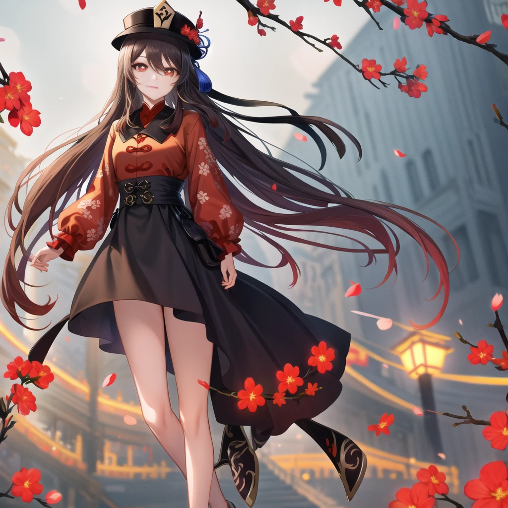 2d, masterpiece, best quality, anime, highly detailed eyes, highly detailed face, highly detailed background, perfect lighting, cowboy shot, feet out of frame, 1girl, solo, standing, hu tao \(genshin impact\), symbol-shaped pupils, flower-shaped pupils, hat, red flower, red eyes, cherry blossoms ,