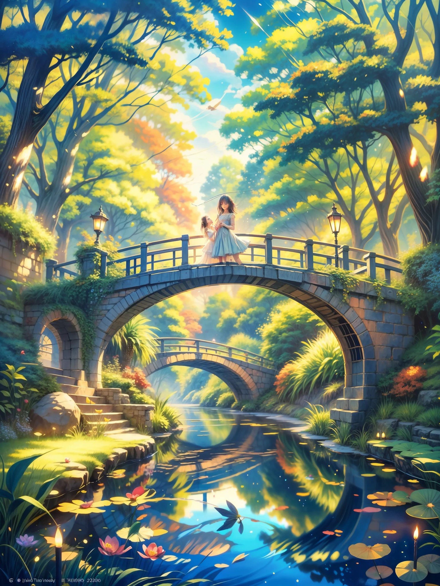 a painting of a bridge over a pond, whimsical fantasy landscape art, romantic storybook fantasy, dream scenery art, magical forest with fireflies, anime scenery, beautiful fantasy painting, fairytale artwork, fairytale painting, cozy night fireflies, anime landscape, storybook art, magical fantasy forest, anime fantasy artwork, very beautiful fantasy art